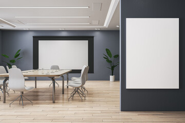 Poster - Loft luxury meeting room interior with furniture, wooden flooring and decoration plant. Mock up place on white screen banner. 3D Rendering.