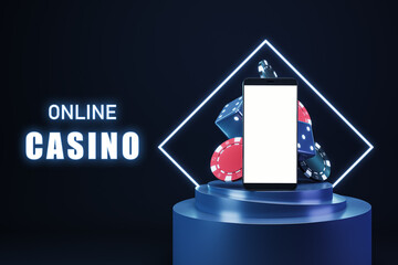 Poster - Online casino banner on dark blue background with blank white phone screen, mockup. 3D Rendering