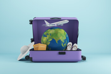 Wall Mural - Abstract image of suitcase filled with airplane, globe and beach items on blue background. Summer vacation, tour agency and travel concept. 3D Rendering.