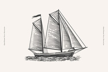 Marine Sailboat Floating On The Water Surface. Sea Ship In Engraving Style. Hand Drawn Vector Illustration. Water Transport.