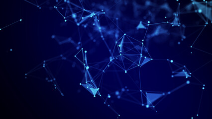 Poster - Futuristic geometric flow with connecting points and lines. Abstract blue digital background. Global network concept. Big data complex with compounds. 3D rendering.