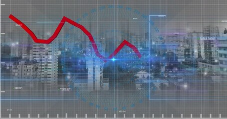 Poster - Animation of statistical data processing and light trails against aerial view of cityscape