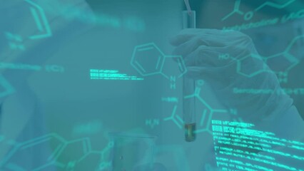 Poster - Animation of data processing against mid section of male and female scientists working at laboratory