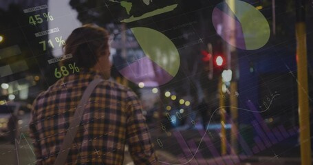 Poster - Animation of statistical data processing on rear view of caucasian man with bicycle crossing street