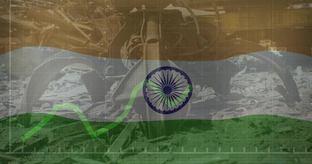 Poster - Animation of waving indian flag against claw attachment of hydraulic lifting machine at junkyard