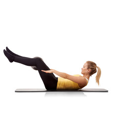 Wall Mural - Fitness, woman and sit up on mat for pilates, core and muscle training isolated on png transparent background. Sports, stretching and female person exercise, crunch abs in workout with health