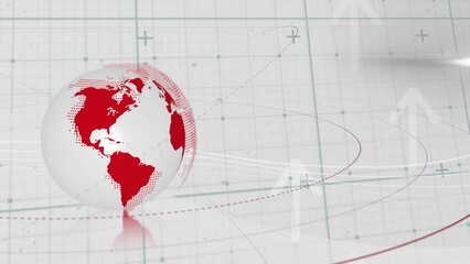 Poster - Animation of globe on circles over grid pattern and up arrows against abstract background