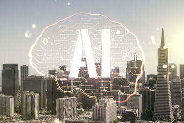 Poster - Double exposure of creative artificial Intelligence interface on San Francisco city skyscrapers background. Neural networks and machine learning concept