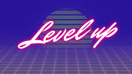 Animation of level up text over grid pattern and bar forming sun against blue background
