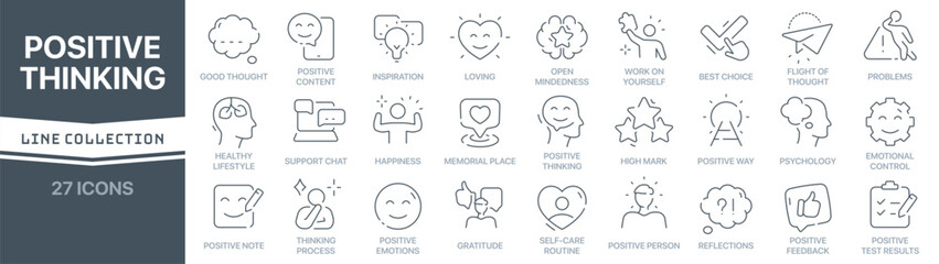 Positive thinking linear signed icon collection. Signed thin line icons collection. Set of positive thinking simple outline icons