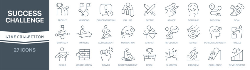 Success and challenge linear signed icon collection. Signed thin line icons collection. Set of success and challenge simple outline icons