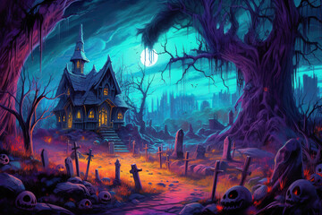 Wall Mural - haunted house, creepy halloween cemetery painting, Generative AI