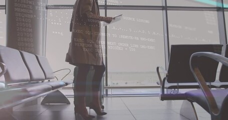 Poster - Animation of data processing over businesswoman with tablet at airport