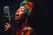 © VisualProduction - Young african woman singing with microphone on solid background. Attractive young female singing with closed eyes. Generative AI