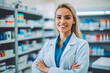 © VisualProduction - Photo of a beautiful professional female pharmacist working in chemist shop or pharmacy. Pharmacist at work. Generative AI