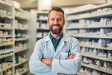 Confident Handsome Pharmacist At Work Portrait. Photo Of A Professional Pharmacist Checking Stock In The Storage Room. Generative AI