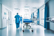 © VisualProduction - Doctors in hospital corridor. Nurses pushing gurney stretcher down hallway. Generative AI