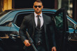 Bodyguard in suit. Group of professional serious bodyguards in business suits. Generative AI