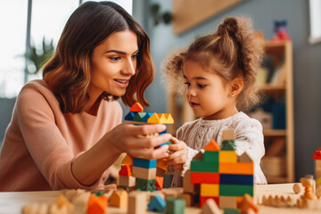 child development specialist looking at little girl playing with toys in playroom. generative ai