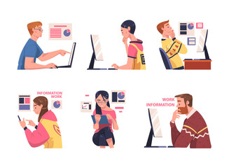 Wall Mural - Man and Woman Character Working with Information Analyzing Data and Browsing Internet Vector Illustration Set