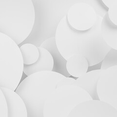 Poster - White abstract background of paper circles pattern of different size fly, perspective, top view, backdrop for advertising, design, card, poster, flyer, text in elegant soft light modern simple style.