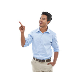 Pointing, marketing and young man in formal outfit for product placement, advertising or promotion. Happy, smile and Indian male model with showing hand gesture isolated by transparent png background
