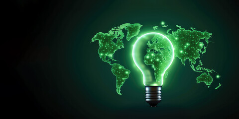 Abstract illustration incandescent bulb on world map in green color on dark green background, representing concept of global restructuring, green energy. Banner with copy space. AI generated