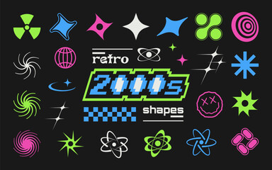 Aufkleber - Trendy set of Y2k elements for graphic design. Geometric brutalism shapes, memphis graphic elements. Star shapes, symbols and metaballs in y2k style.