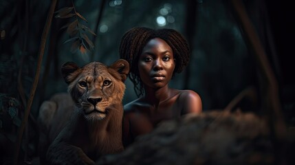 a woman holding a lion in a jungle. generative ai.