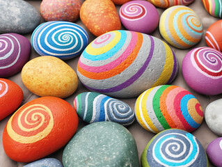 Painted round natural stones with decorated lines and patterns