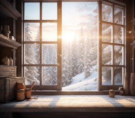 View through the window of a cottage into a snow-covered winter forest. Created with Generative AI technology.