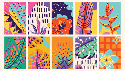 Poster - Tropical pattern vector background set. Exotic card illustration with
