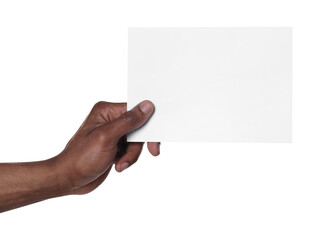 Wall Mural - african american man holding sheet of paper on white background, closeup. mockup for design