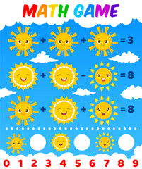 Poster - Math game worksheet. Cartoon sun characters. Children education game, addition and subtraction puzzle, vector mathematical quiz or riddle with happy smiling and laughing faces of sun personages