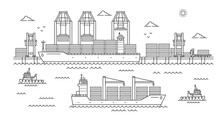 Seaport Landscape, Maritime Shipment Hub Outline Background. Container Transportation, World Trade Logistics And Port Infrastructure Thin Line Vector Concept With Cranes And Ships In Harbor Wharf