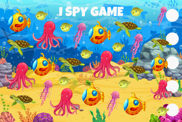 Aufkleber - I spy game. Cartoon sea animals, fish, submarine and underwater landscape. Object finding puzzle, calculation quiz or kids game vector worksheet with turtle, octopus, fish and jellyfish sea animals