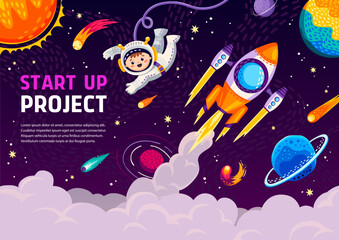 Poster - Fast start, cartoon spaceship rocket launch with chemtrail clouds. Vector space themed banner or landing page for business start up project with astronaut, spaceship takeoff and galaxy planets