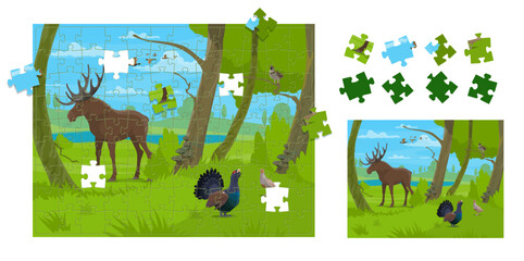 Poster - Forest animals and birds on jigsaw puzzle quiz pieces, vector kids game. Jigsaw puzzle to match and fit correct suitable pieces of picture with forest elk, ducks and grouse with partridge on tree