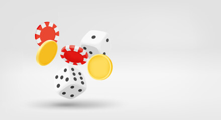 Poster - Gambling addiction concept with dice, chips and coins. 3d vector banner with copy space