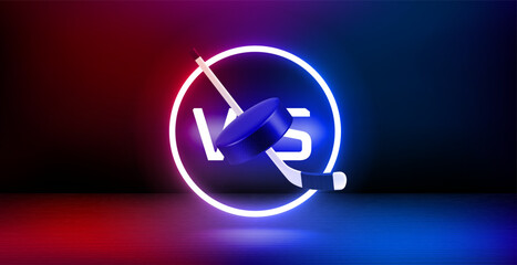Fototapete - Showcase and shining neon frame and ice hockey battle concept. 3d vector banner with copy space