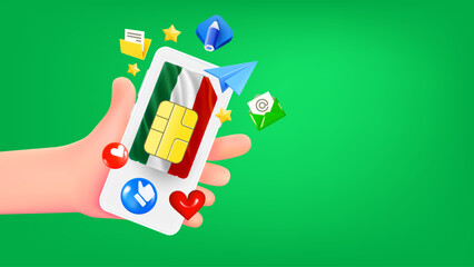 Aufkleber - Man holding smartphone with Bulgarian mobile operator SIM card and app icons. Safety concept. 3d banner with copy space