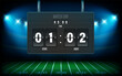 Illuminated football stadium with scoreboard. 3d vector illustration
