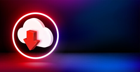 Aufkleber - Banner with shining neon frame and download sign. 3d vector banner with copy space