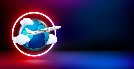 Aufkleber - Product showcase and shining neon frame with sale sign. 3d vector banner with copy space. Travel concept
