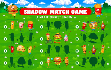 Poster - Shadow match game. Cartoon fastfood characters on sport vacation. Matching quiz vector worksheet with burger, popcorn, pizza, soda and taco, fries cute personage playing ball, skating and doing sports