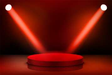 Poster - Interior with stage and shining red projectors. 3d vector illustration