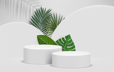 Poster - Bright interior with podium and green leaves. Eco friendly product showcase template. 3d vector background