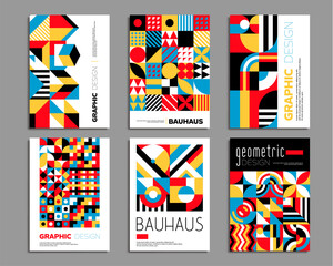 Poster - Bauhaus posters design layouts. Geometric abstract background patterns. Company promo leaflet with abstract geometrical shapes, business presentation poster vector template with Bauhaus design element
