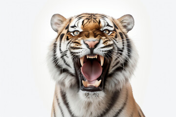 Close-up of a tiger with open mouth isolated on white background (AI generated)