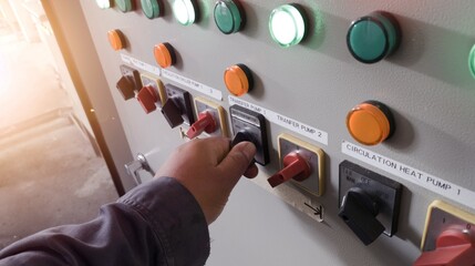 An electrician is turning a control panel switch for turn on the pump control  machine.with shiny light.